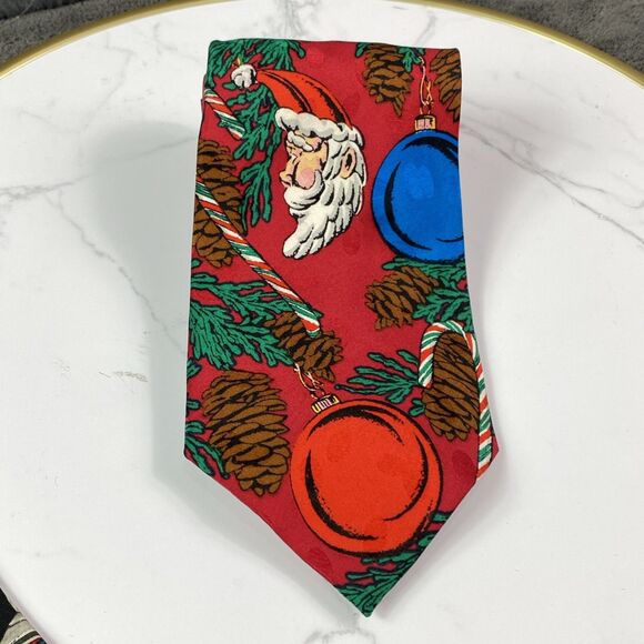 Christmas Season Greetings Men's Silk Tie Set of 2 Black & Red Santa Pine Cones - Picture 5 of 7
